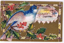 Holiday Postcard Embossed Happy New Year Bluebird Mistletoe Snow Scene - $2.96