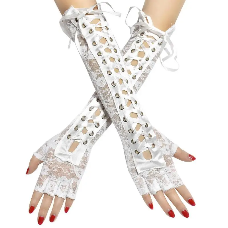 Play Lace Gloves Ay Lace Long Gloves Winter ElA Length Half-Finger Gloves Ribbon - £23.54 GBP