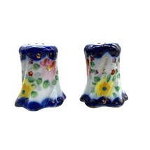 Vintage Hand Painted Blue and Gold Salt &amp; Pepper Shakers Pink &amp; Yellow F... - $12.19