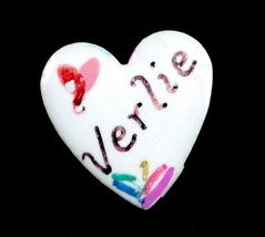 VERLIE Ceramic HEART PIN Vintage Brooch White Floral Roses Name Valentine&#39;s Day - £11.95 GBP