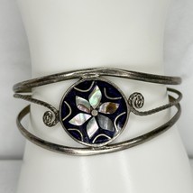 Vintage Mexico Silver Tone Abalone Shell Flower and Purple Inlay Cuff Bracelet - £19.32 GBP