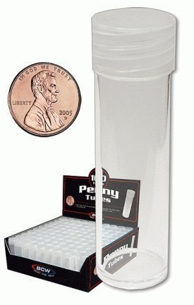COIN STORAGE TUBES, clear plastic w/ screw on tops for Pennies (Qty = 5 tubes)