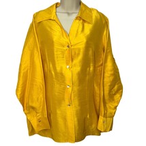 Robbie Bee Womens Long Sleeve Button Down Shirt Shiny Yellow Silk Size 1X  - £26.01 GBP