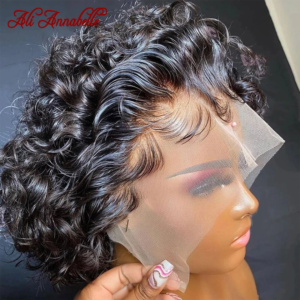 Pixie Cut Wig Human Hair Curly 13x1 Transparent Lace Brazilian Human Hair Wi - £54.08 GBP