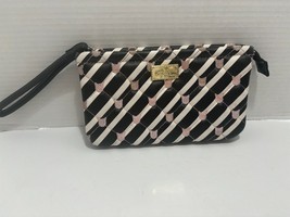 Betsey Johnson Black White Pink Cat Double Pouch Quilted Wristlet Kitty - £6.72 GBP