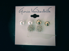 Gloria Vanderbilt stud earrings 3 pair gold tone pearl rhinestone New - $17.59