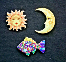 Acrylic Brooch Pin Lot of 3 Pieces Sun Crescent Moon Fish Hippy Boho Set... - $10.39