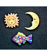 Acrylic Brooch Pin Lot of 3 Pieces Sun Crescent Moon Fish Hippy Boho Jew... - $10.53