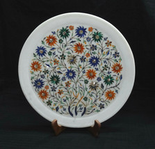 14&quot; Decorative White Marble Serving Plate Multi Inlay Floral Marquetry Decor - £400.12 GBP