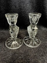 Vtg PAIR  5&quot; Crystal Candlesticks Cut Glass Flower Design Three Sided Su... - £11.87 GBP
