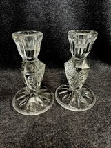 Vtg PAIR  5&quot; Crystal Candlesticks Cut Glass Flower Design Three Sided Sunflower - £11.68 GBP