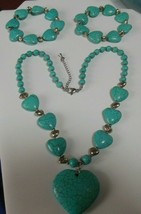 Vintage Silver-tone Faux Turquoise Heart Pendant Necklace &amp; 2 Bracelets - £53.82 GBP