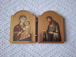 Handmade Serbian Diptych Icon St John with Isus Christ and Mother of God - $16.99