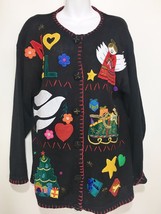 Ugly Christmas Sweater M Victoria Harbour Noel Appliques Angels Sled Tree - £20.64 GBP