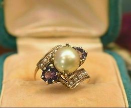 Antique Victorian 14k Rose Gold Over Amethyst Pearl Bypass Party Ring 2.65Ct - £82.01 GBP