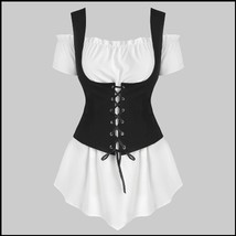 White Gothic Off Shoulder Cap Sleeve Blouse Black Lace-Up High Waist Corset    - £71.06 GBP