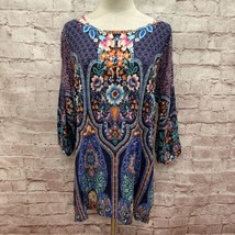 Johnny Was Blue Floral Pullover Top Size L Peasant Boho Flowy Rayon Multicolor - £58.05 GBP