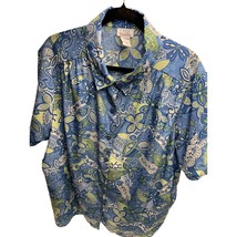 Only Necessities Womens Size 1X Blue Green Floral Leaves Print Short Sleeve Butt - £11.79 GBP