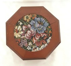 Vintage Jewelry Box Wooden with Multicolor Crewel Top Mauve Felt Octagon Shaped - £16.98 GBP