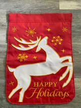 Christmas Reindeer Happy Holidays outdoor flag Red Gold Embroided Indoor - £7.06 GBP
