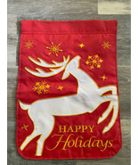 Christmas Reindeer Happy Holidays outdoor flag Red Gold Embroided Indoor - £6.96 GBP