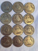 Set of 12 Monthly Bronze AA Alcoholics Anonymous Medallion Month 1 - 11 &amp; 24hrs - £17.37 GBP