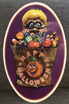 VTG Happy Halloween Decoration Embossed Plastic Sign Wall Hanger Pumpkin Mask - £13.43 GBP
