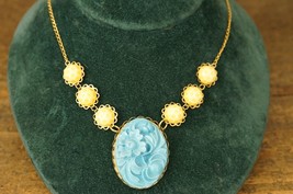 Vintage Costume Jewelry 1960&#39;s Brass &amp; Lucite Carved Floral Aqua Yellow Necklace - £19.52 GBP