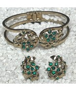 Vintage Gold-Tone Hinged Clamper Cuff Bracelet &amp; Earrings Green Rhinestones - $24.75