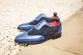 New Oxford Formal Shoes Men Wingtip Blue Suede Genuine Leather Laceup Handmade  - £110.33 GBP