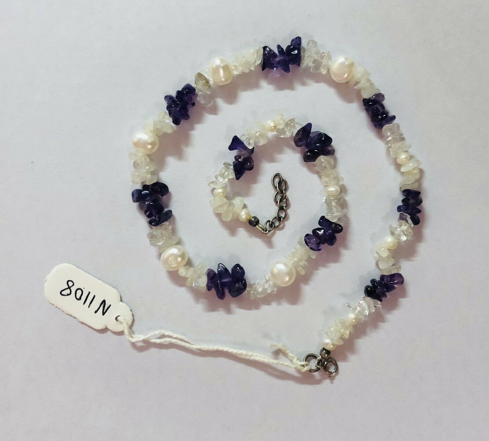 Artisan Crafted Sterling Silver Amethyst, Crystal Chips &amp; Pearl Necklace... - $15.51