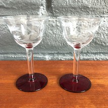 x2 Vintage Floral Etched Stemmed Sherry / Cordial Glasses w/ Candy Red Base - £11.64 GBP