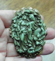 (CL43-12) Romantic Man + Woman Green Oval Cameo Brass Pin Pendant Jewelry Brooch - £29.88 GBP