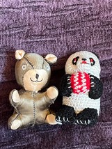 Lot of Mini Satin Brown Bear & Crocheted Panda Holding Red Ball Stuffed Animals - $9.49