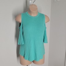 Isaac Mizrahi Live! High Neck Knit Pullover Shirt ~ Sz L ~ Green ~ Cold Shoulder - £14.88 GBP