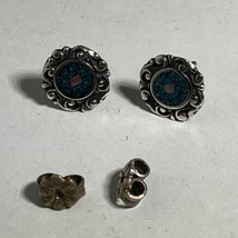Sterling 925 &amp; Turquoise Inlay Stud Earrings Abalone/Mother Of Pearl Accent - $27.67