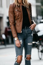 Brown Leather Jacket Women Biker Motorcycle Pure Lambskin Size S - £75.80 GBP