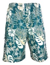 KY&#39;S Mens Hawaiian Shorts Teal Multicolor Kalokoi Forest Pockets Drawstring - £42.35 GBP