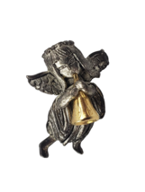 1995 Pewter Christmas Angel Blowing a Gold Tone Horn Signed DM Brooch Pin - £6.40 GBP