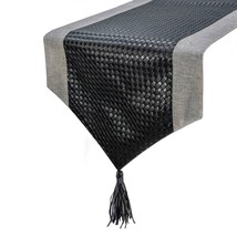 Black Leathersmith - Black Faux Leather &amp; Linen Decorative Table Runner - £40.44 GBP+