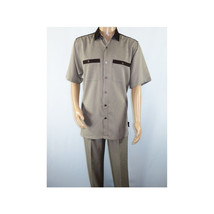 Men 2pc Walking Leisure Suit Short Sleeves DREAMS 263-12 Brown Tan Salt Pepper image 2
