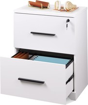 Devaise 2-Drawer Wood Lateral File Cabinet With Lock For Office Home, White. - £103.85 GBP