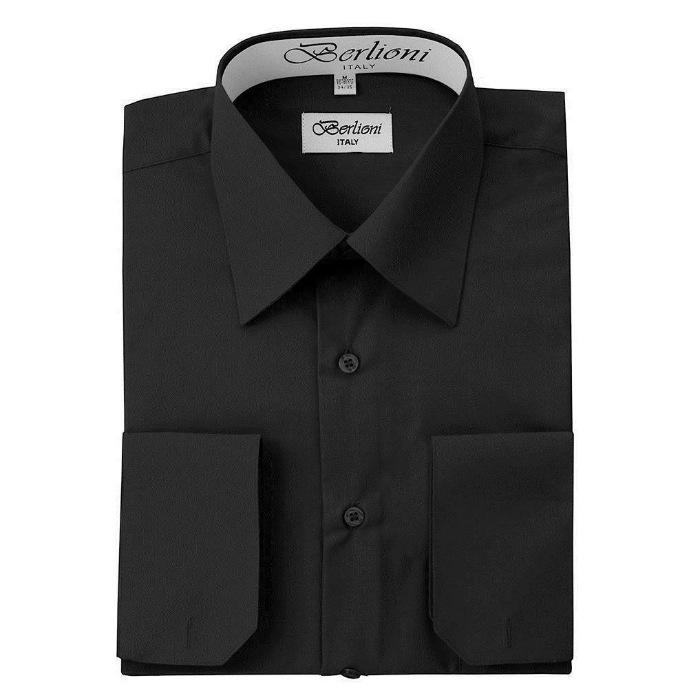 Primary image for Berlioni Italy Men's Premium French Convertible Cuff Solid Dress Shirt Black