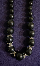 Vintage Black Beaded Necklace Silver Tone Accents - Approx 16&quot; Adjustable - $6.97