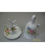 Bell &amp; Jewelry Holder Set Butterfly &amp; Flowers Ceramic - £9.44 GBP