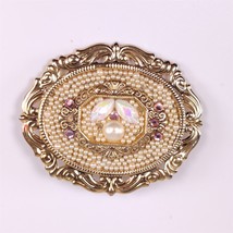 Vintage Gold Plate Faux Pearl Pink Rhinestone Brooch Pin Jewelry - £5.71 GBP