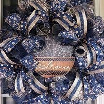 Welcome Wreath Navy Gold Decor 22x8 Elegant Everyday Porch Accent - $59.99