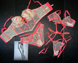 Victoria&#39;s Secret 34C,34D,36C CORSET BRA SET+garter TEDDY ORANGE Gold em... - $197.99