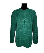 Express tricot vintage 90s hand knitted Cableknit emerald green sweater ... - $51.45 CAD