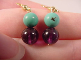 (EE474-h) Purple amethyst crystal + turquoise gemstone dangle gold earrings - £12.65 GBP
